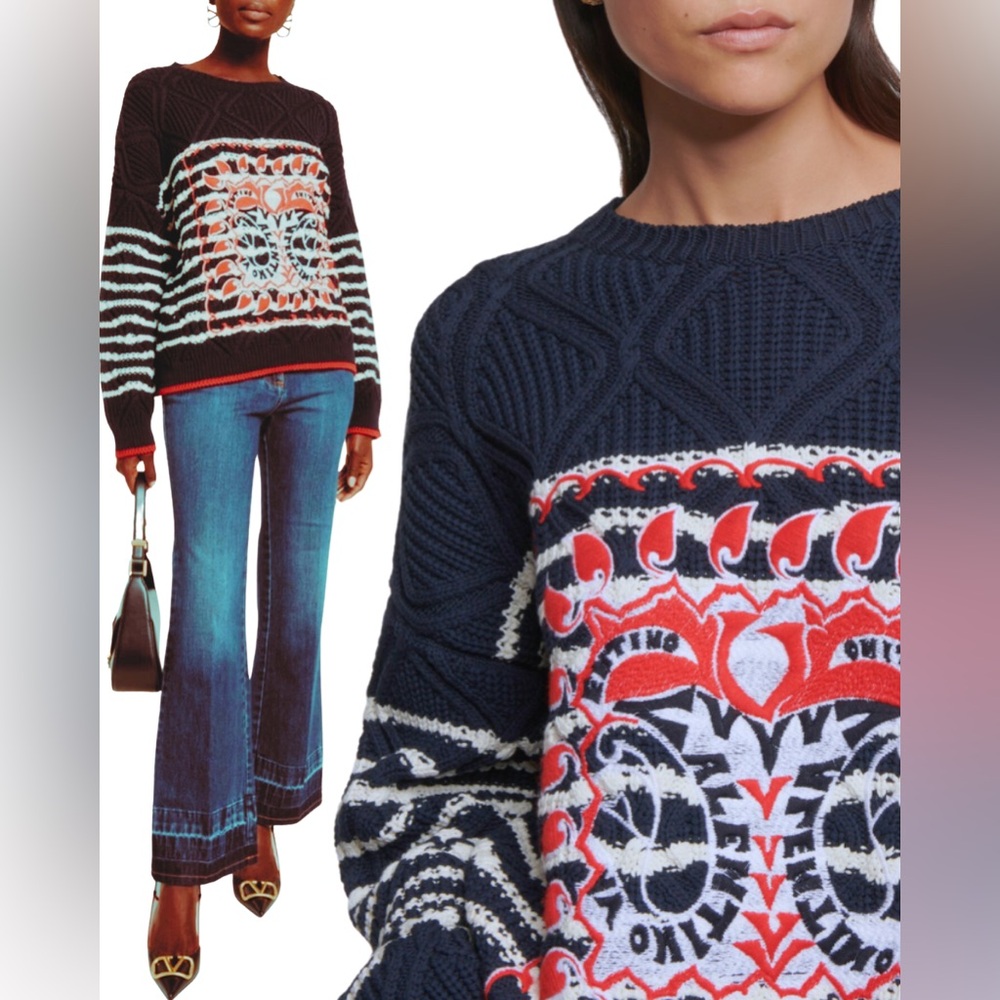 Valentino Wool Striped Embroidered Crest Sweater / size M / Red White Blue Knit